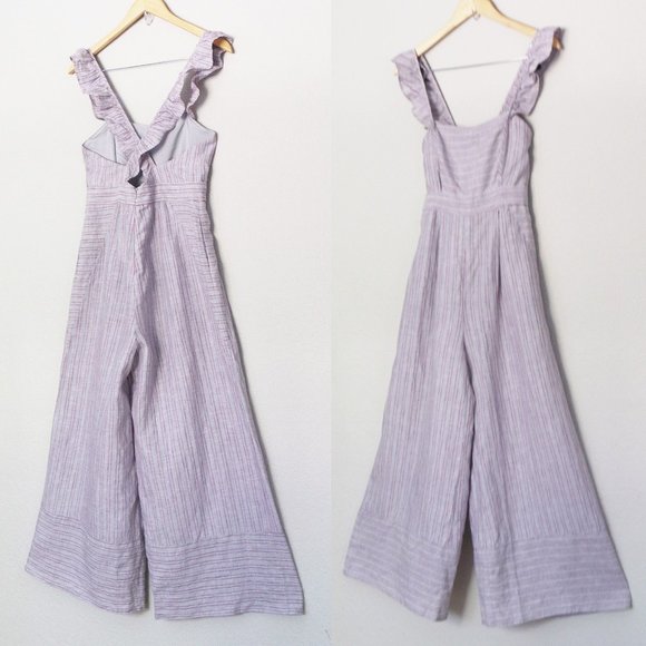 Anthropologie Elevenses Linen Nantucket Ruffle Wide Leg Jumpsuit Lavender $148 - Picture 5 of 16